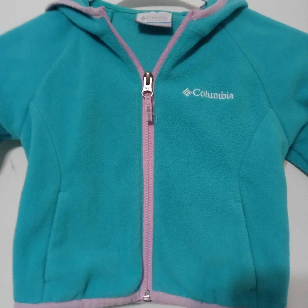 Columbia Girl's 2T Full Zip Aqua w pink trim long sleeve hooded fleece jacket